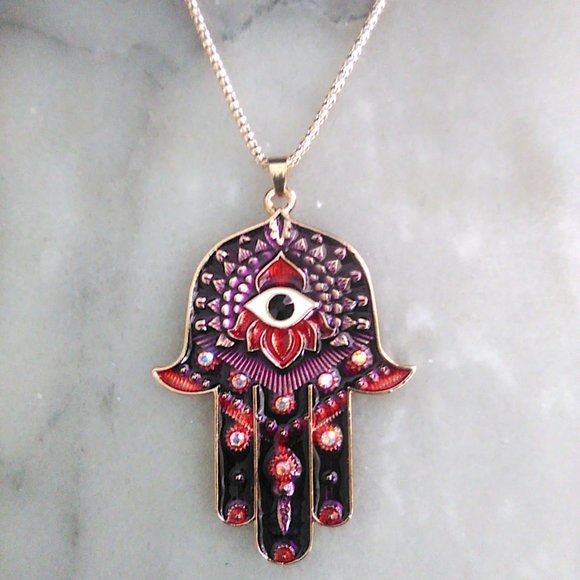 Beautiful HAMSA "Hand of God" Purple Enamel Rhinestone Art Pendant & Necklace - Picture 2 of 6